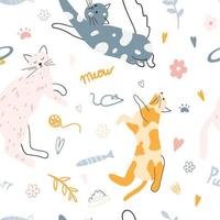 padrão perfeito com gatos coloridos bonitos. ilustração vetorial desenhada à mão de gatinhos para papel de embrulho, estampa de tecido, têxtil infantil, capa, design de cartão vetor