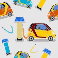 ilustração vetorial de carregamento de carro elétrico de energia solar editável sem costura padrão para criar o fundo da indústria futurista de veículos ecologicamente corretos e vida verde ou campanha de energia renovável vetor