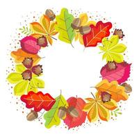moldura redonda de outono com uma inscrição com folhas amarelo-vermelhas brilhantes de castanha, carvalho, avelã, frutas de avelã, bolotas. vetor