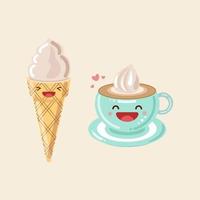 sorvete em um cone e uma xícara de café. ilustração vetorial ícone bonito. logotipos de desenhos animados de adesivo kawaii. conceito de comida. estilo de desenho plano adequado para página de destino da web, banner, adesivo, plano de fundo. vetor