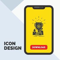 conquista. prêmio. copo. prêmio. ícone de glifo de troféu no celular para página de download. fundo amarelo vetor