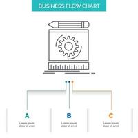 rascunho. Engenharia. processo. protótipo. prototipagem de design de fluxograma de negócios com 3 etapas. ícone de linha para modelo de plano de fundo de apresentação lugar para texto vetor