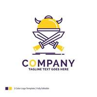 design de logotipo do nome da empresa para batalha. emblema. viking. guerreiro. espadas. design de marca roxa e amarela com lugar para slogan. modelo de logotipo criativo para pequenas e grandes empresas. vetor