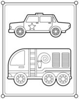 carro de polícia e caminhão de bombeiros adequado para ilustração vetorial de página para colorir infantil vetor