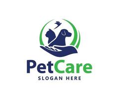 logotipo de cuidados com animais de estimação com modelo de vetor de cachorro, gato, pássaro e mão