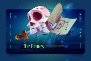 desenhos animados de piratas pousando com caveira, mapa, sabre vetor