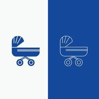 carrinho, bebê, crianças, empurrar, linha de carrinho e botão web glifo em banner vertical de cor azul para ui e ux, site ou aplicativo móvel vetor
