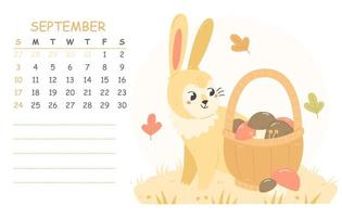 calendário infantil de setembro para 2023 com uma ilustração de um coelho fofo com uma cesta de cogumelos. 2023 é o ano do coelho. página de calendário de ilustração vetorial outono. vetor