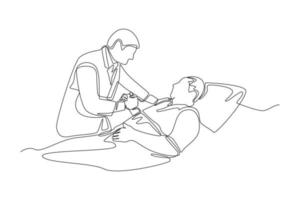 médico masculino de desenho contínuo de uma linha apoiando a mão no ombro do paciente do sexo masculino deitado na cama no hospital. conceito de médico e paciente. única linha desenhar desenho ilustração gráfica de vetor. vetor