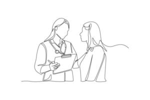 Uma médica de desenho de linha contínua explica o prontuário médico para uma paciente. conceito de médico e paciente. única linha desenhar desenho ilustração gráfica de vetor. vetor
