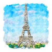 torre eiffel paris frança esboço em aquarela ilustração desenhada à mão vetor