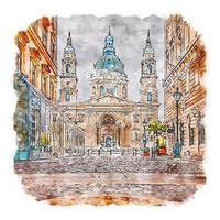 rua basílica de estevão húngaro esboço em aquarela ilustração desenhada à mão vetor