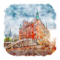 Speicherstadt Alemanha esboço em aquarela ilustração desenhada à mão vetor