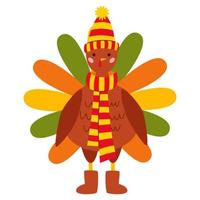 Ação de Graças de peru peregrino. personagem de pássaro em um chapéu listrado com um pompom, um cachecol e botas ugg. ilustração vetorial dos desenhos animados, design de outono. vetor