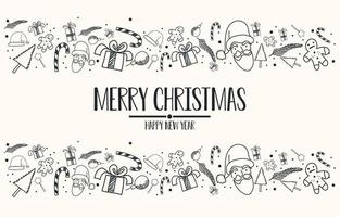 cartão de natal e feliz ano novo, decoração com neve, papai noel, presentes e doces, estilo doodle festival, ilustração vetorial de fundo vetor
