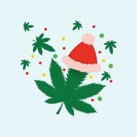 folha de cannabis e chapéu de papai noel, conceito de maconha e natal, fundo vetorial para decoração de saudação vetor