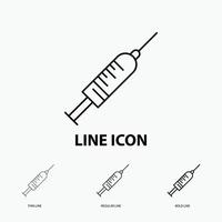 seringa. injeção. vacina. agulha. ícone de tiro em fino. estilo de linha regular e ousado. ilustração vetorial vetor