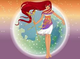 princesa de estilo mangá de fantasia com longos cabelos ruivos em um fundo de planeta nebuloso. ilustração vetorial vetor