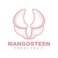 logotipo de mangostão, ilustração de carne de mangostão, rainha de frutas ricas em vitaminas, design de modelo de rótulo de vetor de logotipo de frutas