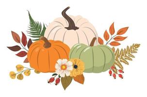 arranjo floral de outono dos desenhos animados com abóboras coloridas, flores e folhas da floresta. isolado no fundo branco. ilustração de colheita sazonal vetor