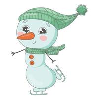 boneco de neve bonito dos desenhos animados em um chapéu de malha e cachecol está patinando vetor