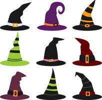 chapéus de bruxa coloridos, cores brilhantes, diferentes chapéus de halloween vetor