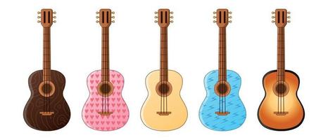 guitarras acústicas em um fundo branco. instrumento musical. um conjunto de guitarras. 3 guitarras clássicas, uma guitarra rosa e uma guitarra azul. ilustração vetorial. vetor