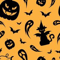 padrão de halloween sem costura. gato preto, fantasmas, abóboras e morcegos. vetor