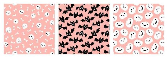 padrão de halloween pastel com abóboras fofas preto e brancas, morcegos, caveiras e ossos em fundo rosa. vetor