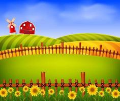 paisagem bela fazenda com celeiro vermelho e flor vetor