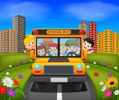 ilustração de crianças de um ônibus escolar vetor