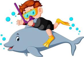 menino mergulhando com golfinho vetor