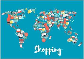 mapa-múndi com ícones de compras e venda vetor