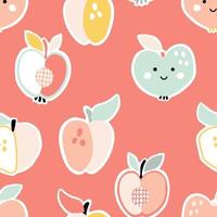 sorrindo desenhos animados pêssegos adesivos no fundo rosa. ilustração vetorial de personagens de frutas para cozinha ou berçário. padrão perfeito com comida fofa para uso em têxteis ou tecidos vetor