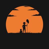 menino com um cachorro ao pôr do sol vetor