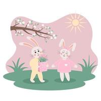 coelhinho dá um buquê de tulipas em um pacote para uma coelhinha. coelhinhos fofos apaixonados no prado. cartão de primavera. feriado de 8 de março. vetor