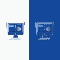 comando. computador. função. processo. linha de progresso e botão web glifo em banner vertical de cor azul para ui e ux. site ou aplicativo móvel vetor