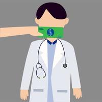 dando suborno ao conceito de médico. ilustração de médico recebendo dinheiro de corrupção. vetor