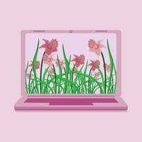 design de laptop gradiente roxo com papel de parede de flores vetor