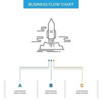 lançar. publicar. aplicativo. transporte. design de fluxograma de negócios espaciais com 3 etapas. ícone de linha para modelo de plano de fundo de apresentação lugar para texto vetor