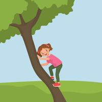 menina bonitinha subindo grande árvore no parque vetor