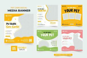 pet care center social media post design de coleção com cores amarelas e verdes. pacote de banner web promocional veterinário e de saúde para animais de estimação. modelo de loja de animais criativo com formas abstratas. vetor