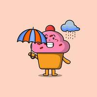 cupcake de desenho animado na chuva e usando um guarda-chuva vetor
