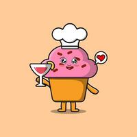 chef de cupcake bonito dos desenhos animados segurando o copo de vinho vetor