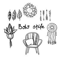 conjunto de estrelas de ícones celestiais, boêmios pretos desenhados à mão, galhos frondosos, apanhador de sonhos, arco-íris, mistério, símbolos mágicos isolados no fundo branco. silhuetas boho chic. vetor