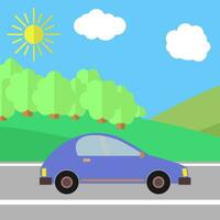 carro azul em uma estrada em um dia ensolarado. ilustração de viagens de verão. vetor