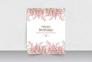buquê de flores rosa com cartão de aniversário de folhas verdes profundas vetor