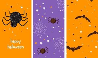 definir cartão bonito de halloween com aranha e padrões sem costura com morcego, aranha em estilo simples de desenho animado, design de crianças de férias. . ilustração vetorial vetor