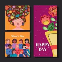 cartões de letras do dia internacional da mulher com meninas e flores vetor