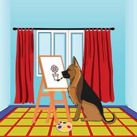 um cachorro sentado no chão pintando no quadro de arte no quarto. ilustração em vetor cão colorido dos desenhos animados plana.